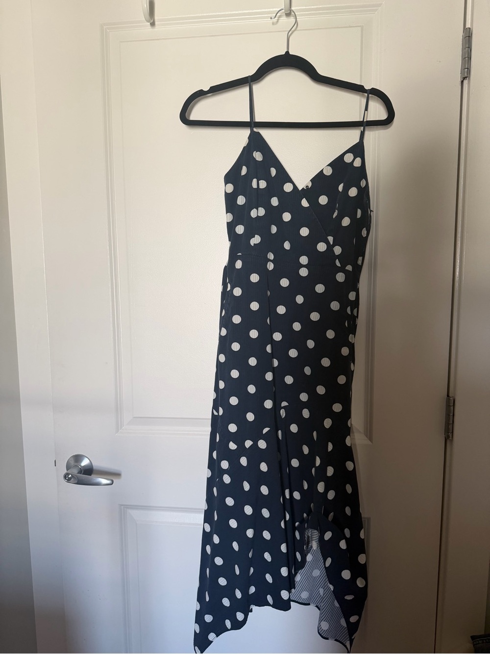 Adolfo Dominguez Navy and White Polka Dot Asymmetrical Midi Dress